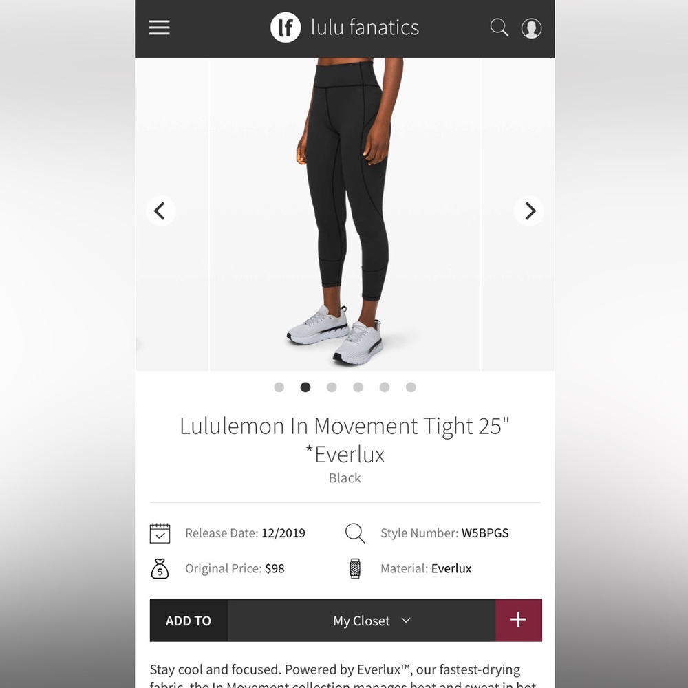 Lululemon In Movement Tight 25" *Everlux Black Size 6 - Picture 11 of 11